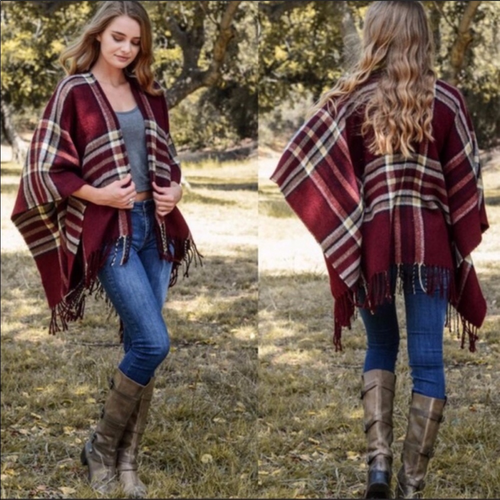 Classic Plaid Ruana Poncho Scarf Tassel Fringe - Picture 4 of 5